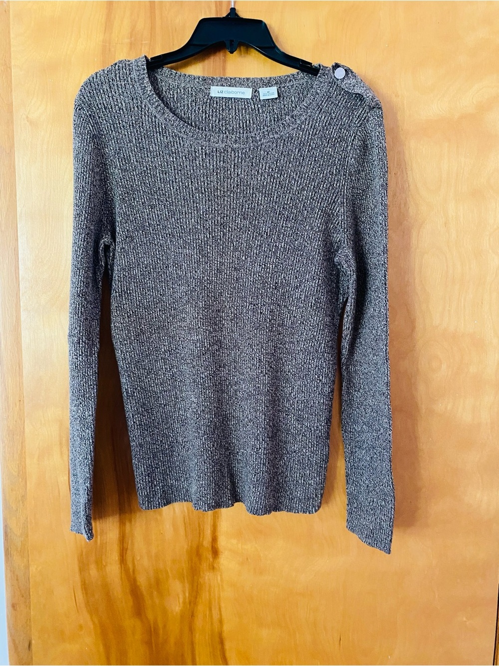 Liz Claiborne Brown Ribbed Crewneck with Shoulder Button